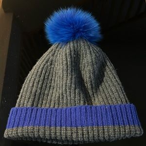 MITCHIE'S MATCHINGS - gray beanie w/  royal blue fur pom
